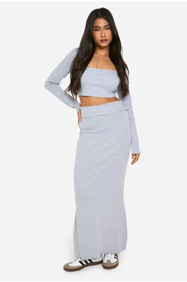 Rib Distressed Hem Maxi Skirt - grey marl