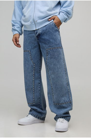 Relaxed Fit Carpenter Studded Jeans - light blue