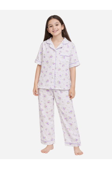 Girls Floral Print Muslin Cotton Shirt and Pyjama Set