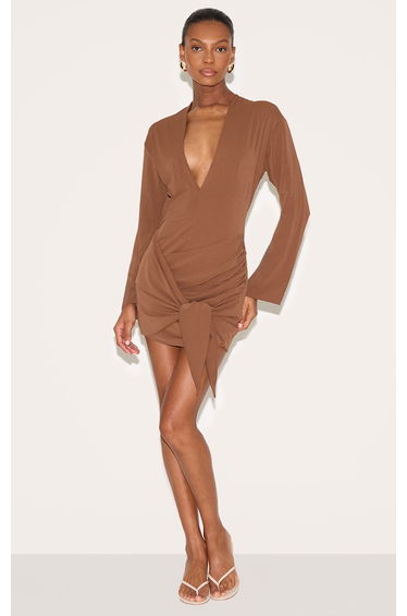 Chocolate Woven Plunge Wrap Shirt Dress