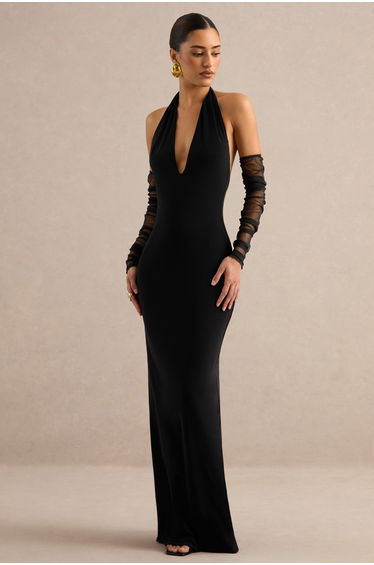 Maristela | Black Plunge-Neck Maxi Dress