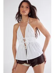 Cotton Poplin Halter Neck Ruched Tie Front Peplum Top