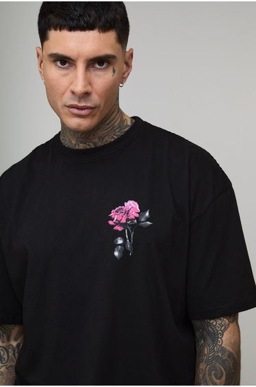 Tall Oversized Rose Print Official T-Shirt - black
