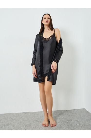 Pack of 2 - Satin V Neck Lace Detail Slip Dress and Robe Set