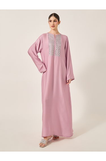 Satin Lace Insert Notch Neck Jalabyia