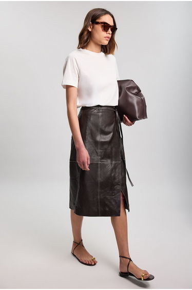 Leather Tie Up Belted Midi Skirt