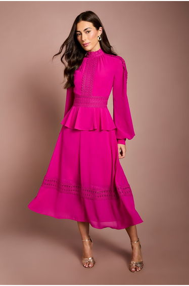 Lace Trim Detail Long Sleeve Midi Dress