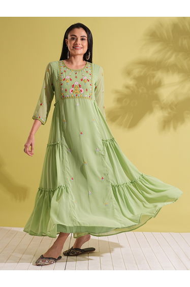 Green Embroidered Yoke Georgette Fusion Maxi Dress