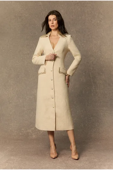 High Class Chic Beige Diamante V-neck Midi Dress