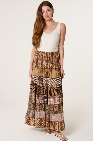 Multi Print Shirred Skirt
