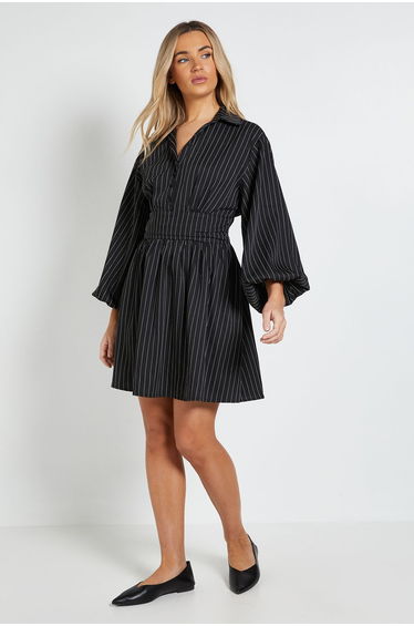 Pinstripe Collar Detail Gathered Waist Mini Dress