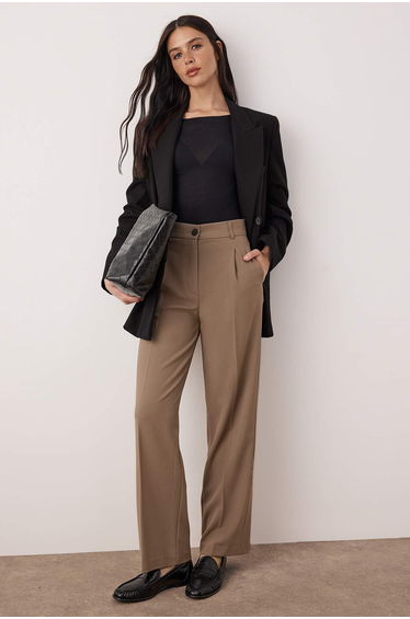 Beige wide leg pleated woven trousers