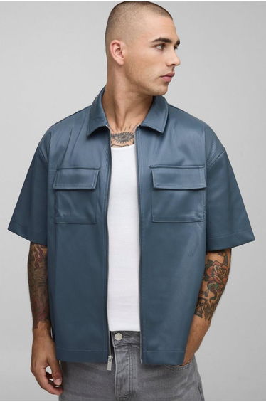 Short Sleeve PU Boxy Cargo Shirt - blue