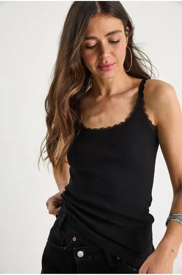 Women's Regular Fit Regular Mold Cotton Lace Detail Thin Strap Hollow Neck Tank Top