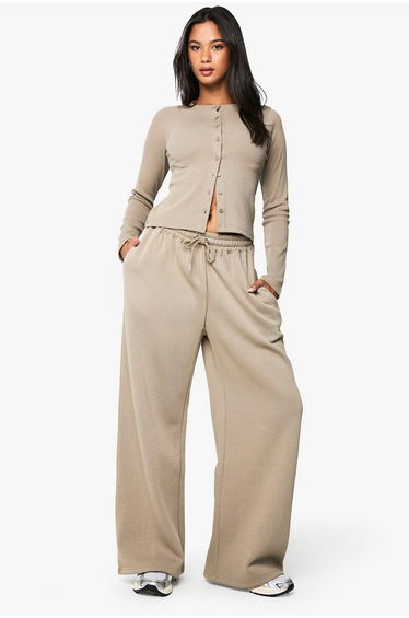 Rib Button Through Long Sleeve Top And Jogger Tracksuit - washed khaki