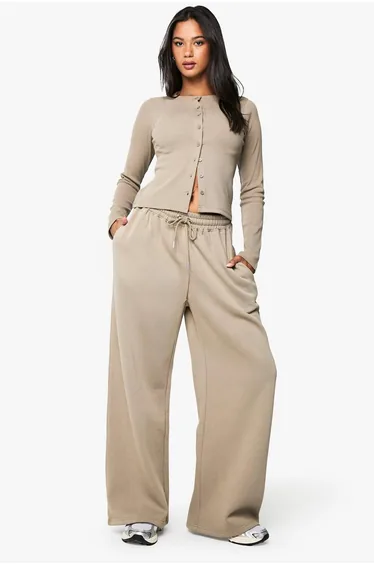 Rib Button Through Long Sleeve Top And Jogger Tracksuit - washed khaki