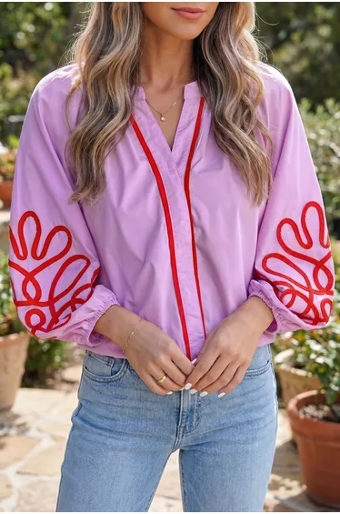 Lvness Orchid Bouquet Contrast Detail Long Sleeve Decorative Neckline Cotton Blouse