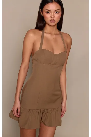 Chocolate Woven Halterneck Shift Mini Dress