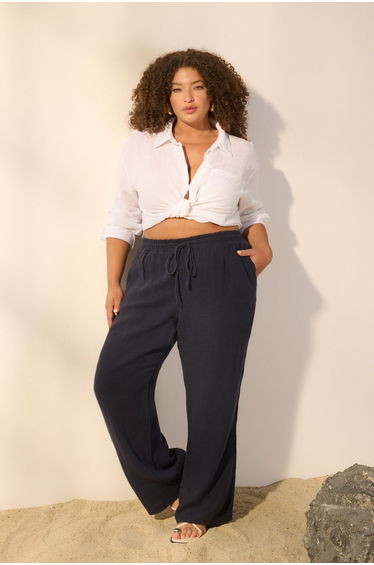 Navy Blue 100% Linen Woven Plus Size Wide Leg Trousers