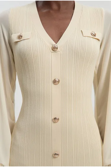 Viscose Blend Rib Knit Chiffon Sleeve Midi Dress