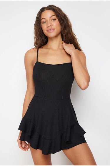 Black Strap Flounce Mini Jumpsuit with Shorts