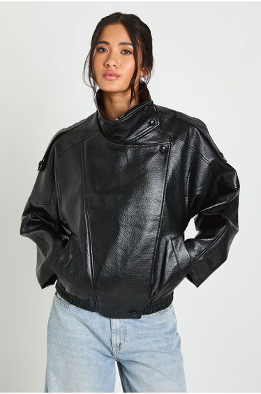 Faux Leather Funnel Neck Jacket - black