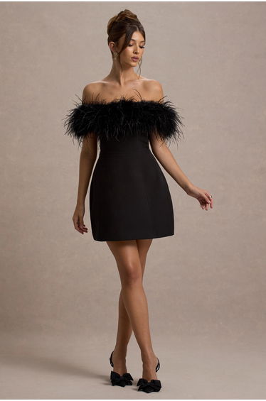 Palace | Black Bardot Mini Dress With Feather Trim