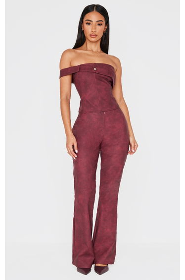 Petite Burgundy Faux Leather Zip Front Flared Trousers