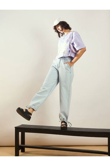 Women Blue High Rise Drawstring Hem Jogger Jeans