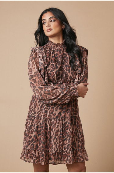 Animal Print Embroidered Dobby Chiffon Mini Dress