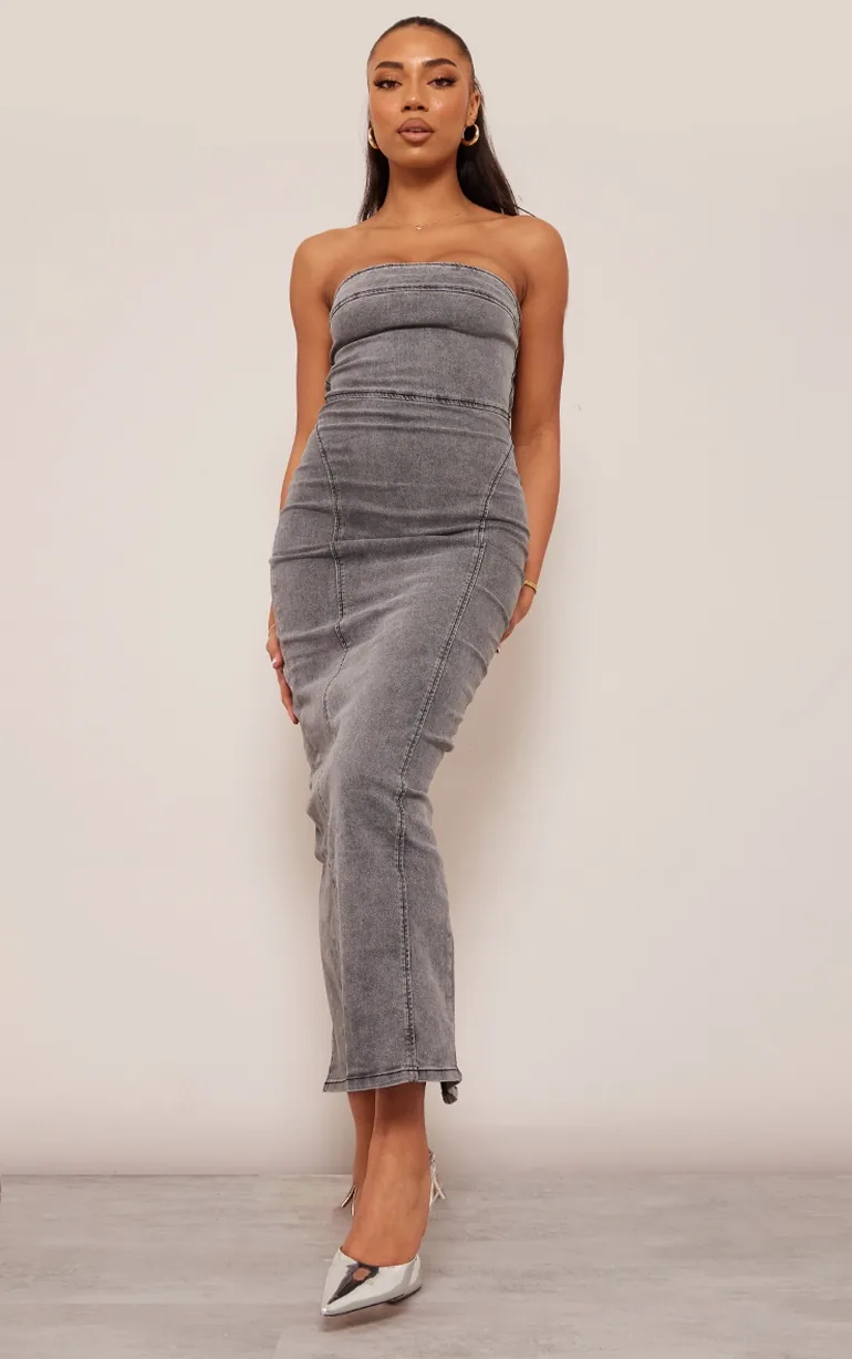 Tall Black Bandeau Stretch Denim Maxi Dress