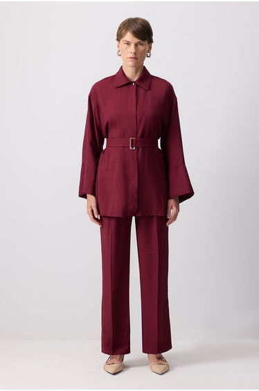 BELTED SHIRT COLLAR PANTS SET