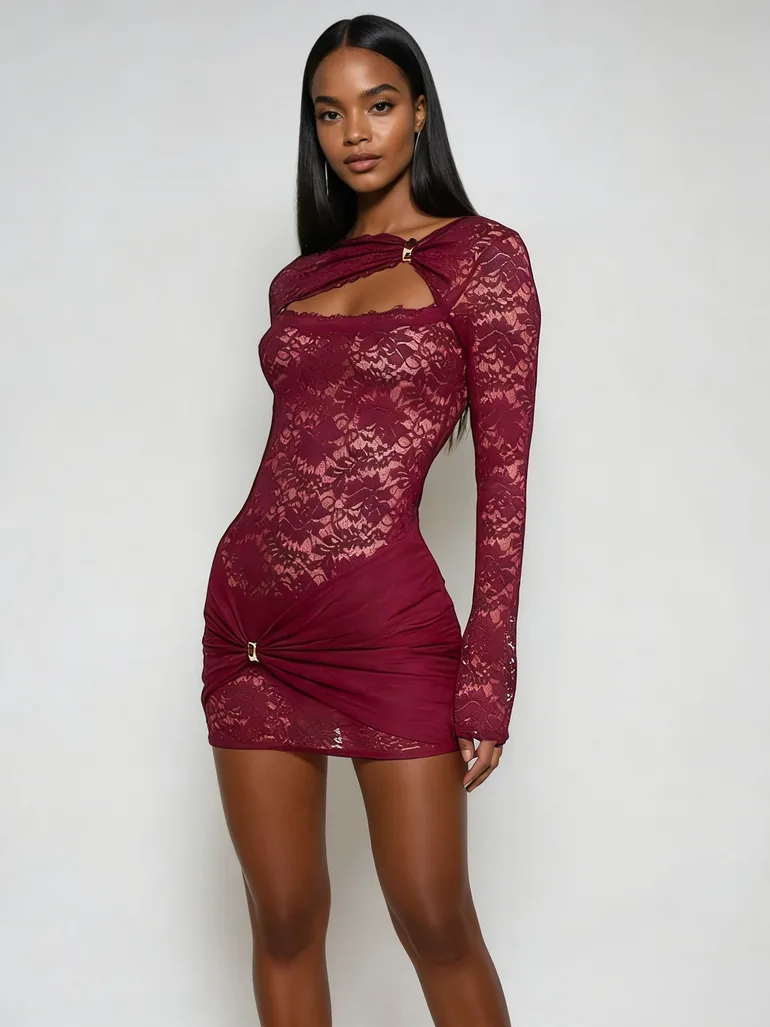 Eustace Long Sleeve Lace Bodysuit  In Wine