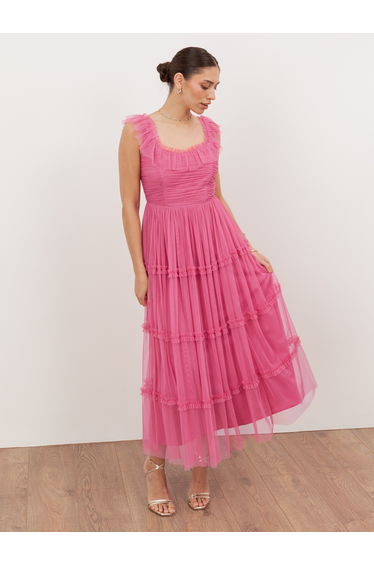 Anaya With Love Recycled Pink Ruffle Square Neck Tulle Midaxi Dress