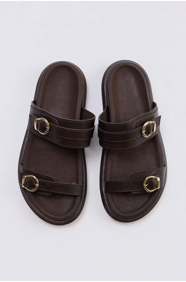 Leopard Double Buckle Brown Thick Sole Women's Slippers