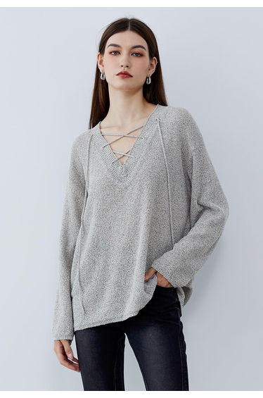 Slouchy V-Neck Lace-Up Knit Sweater in Grey