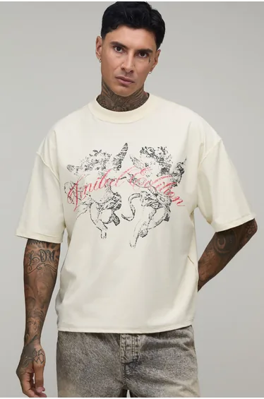 Tall Ecru Oversized Boxy Extended Neck Exposed Seam Cherub T-shirt - ecru
