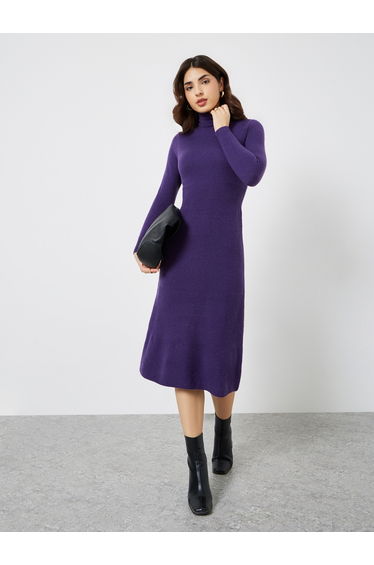 Purple Knit Long Sleeves Sweater Midi Dress