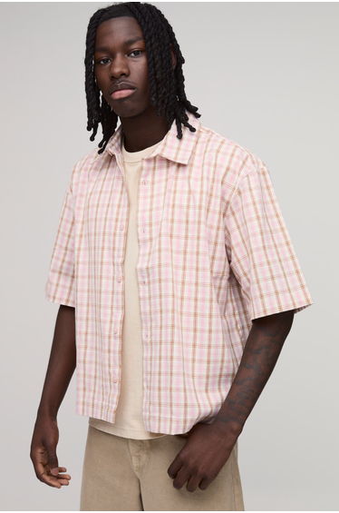 Oversized Boxy Half Sleeve Stylist Microcheck Print Shirt - pink