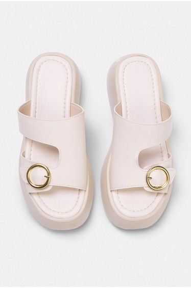 Beige Gold Buckle Detailed Thick Sole Women's Slippers