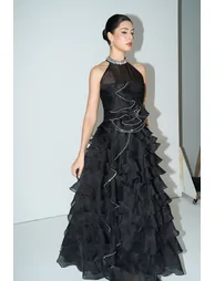 فستان ماكسي بطبقات متدرجة بكشكش مزين بأحجار - أسود - 8