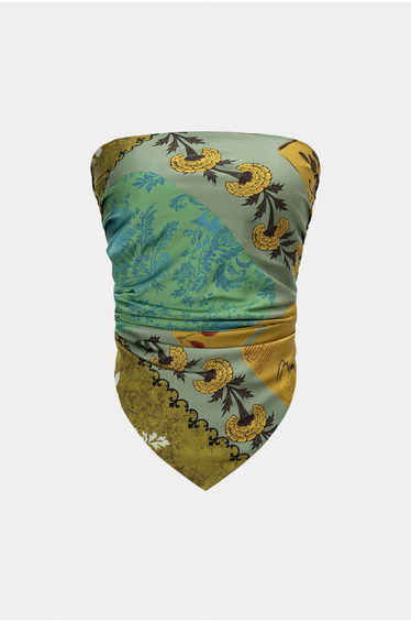 Retro Print Satin Tie-Up Tube Top
