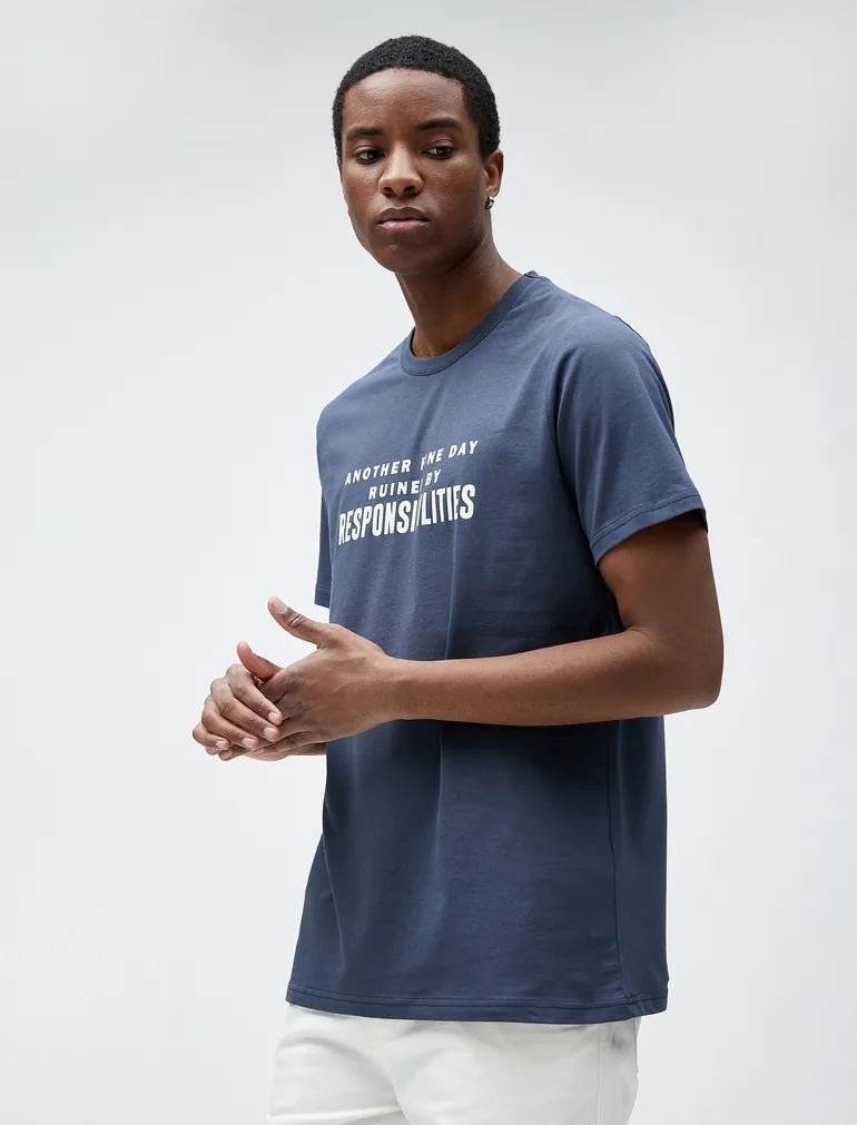 Slogan Printed T-Shirt Slim Fit Crew Neck Cotton