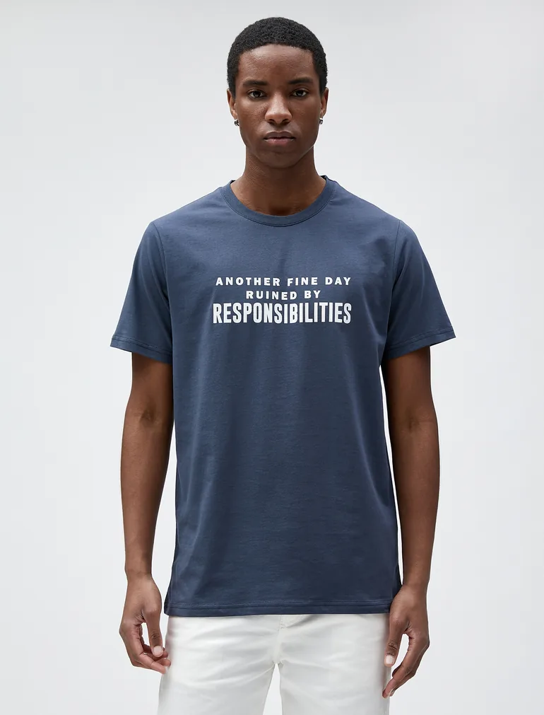 Slogan Printed T-Shirt Slim Fit Crew Neck Cotton - 2