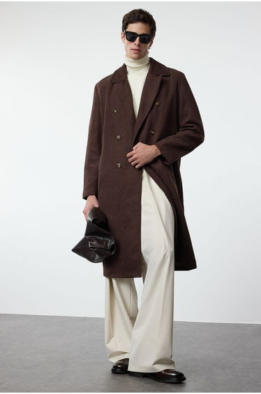 Brown Loose Fit Double Breasted Long Stitched Winter Coat