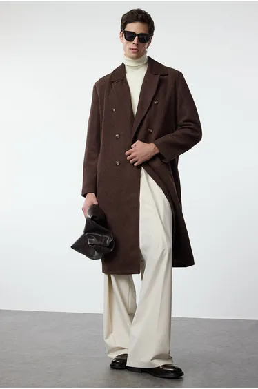 Brown Loose Fit Double Breasted Long Stitched Winter Coat