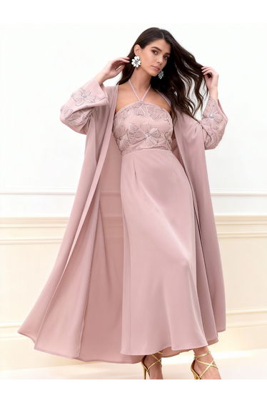 Pink Embroidered Halter Neck Dress with Kimono Co-Ords
