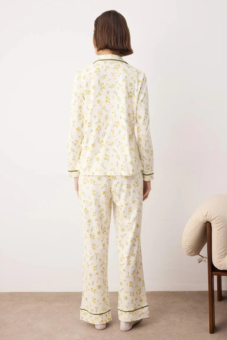 Yellow 100% cotton floral supreme knitted pajama set - 1