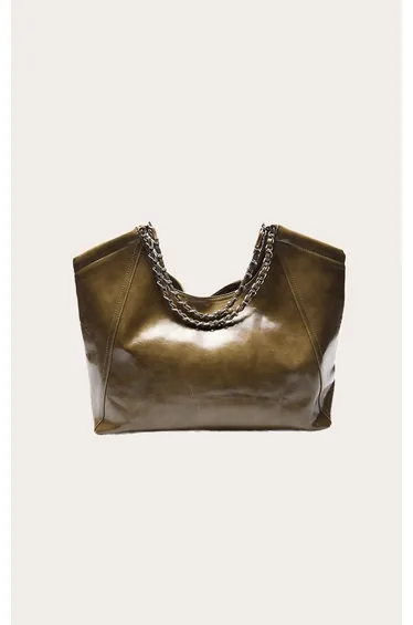 Khaki PU Faux Suede Slouchy Tote Bag