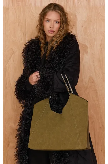Khaki PU Faux Suede Slouchy Tote Bag